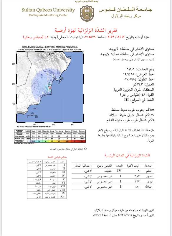 هزة أرضية بقوة 4.1 درجات تضرب مدينة الدقم العُمانية